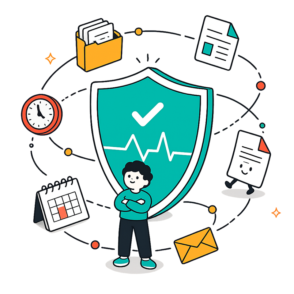 Person standing in front of a compliance shield surrounded by calendar, mail and document icons