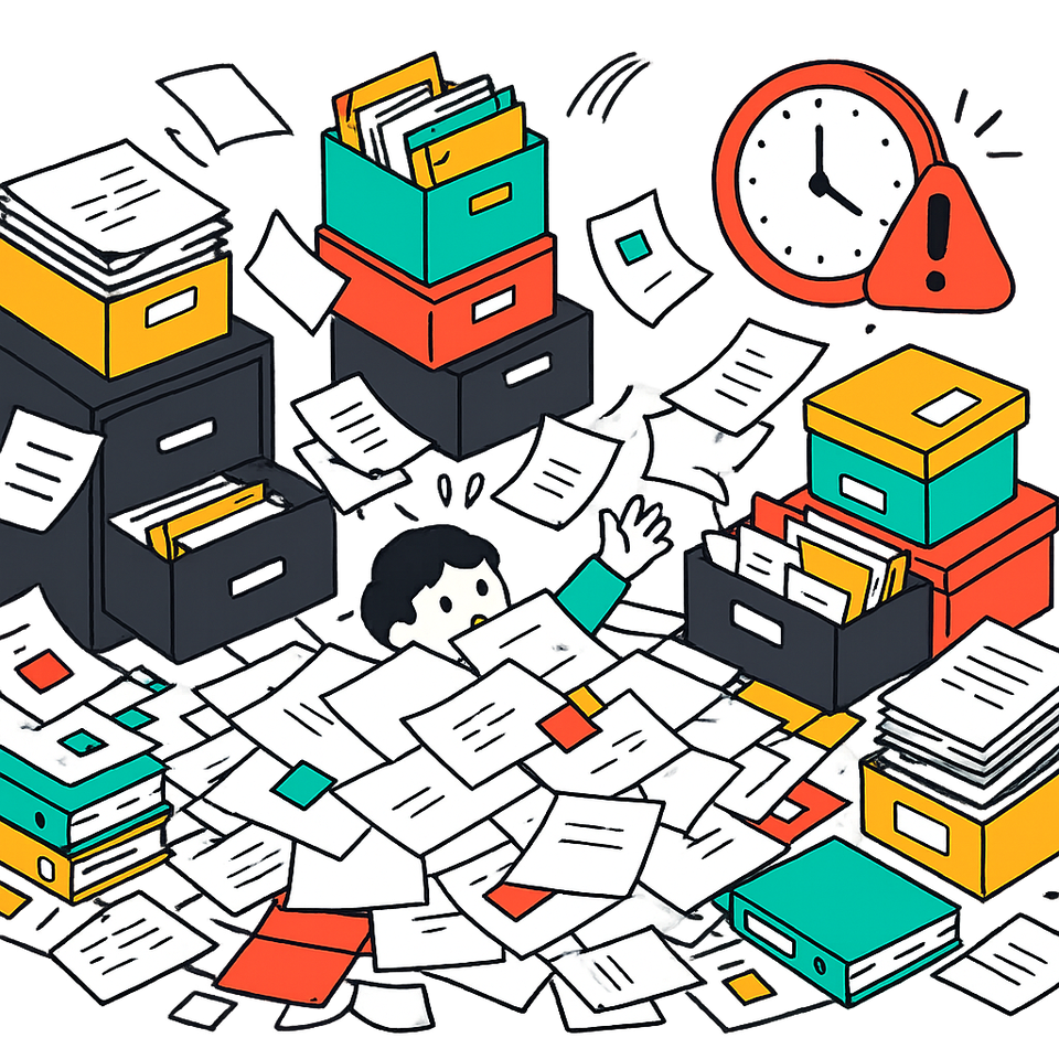 Person buried in a chaotic pile of paperwork and overflowing boxes